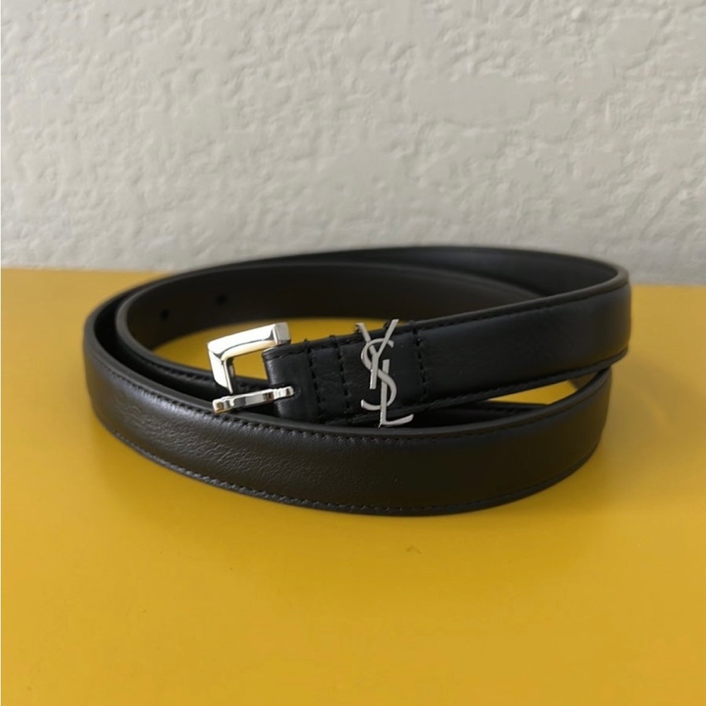 YSL Saint Laurent Thin Belt Square Buckle Smooth Leather Black Silver 75 X-small - Picture 4 of 7